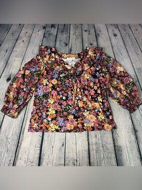 PerSeption Concept Black Floral Ruffle Neckline Blouse Sheer Sleeves Size XL